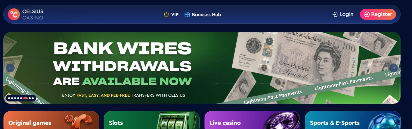 A CELSIUS CASINO homepage banner with a sign-up form and welcome message.